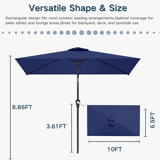6.5'x10' Rectangular Patio Outdoor Umbrella,Large Coverage with Push-Button Tilt & UV Protection,Sturdy Ribs for Deck,Lawn,Pool,Backyard