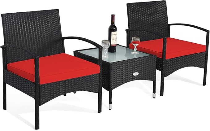 Tangkula 3 Pieces Patio Wicker Rattan Furniture Set, Rattan Chair with Coffee Table, High Load Bearing Chair Conversation Sets for Patio Garden Lawn Backyard Pool