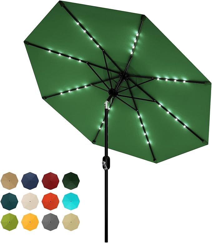 10 ft Patio Umbrella with Solar Lights, Outdoor LED Lighted Umbrella, 40 LED Lights & Tilt Crank, 8 Ribs for Poolside, Deck, Backyard