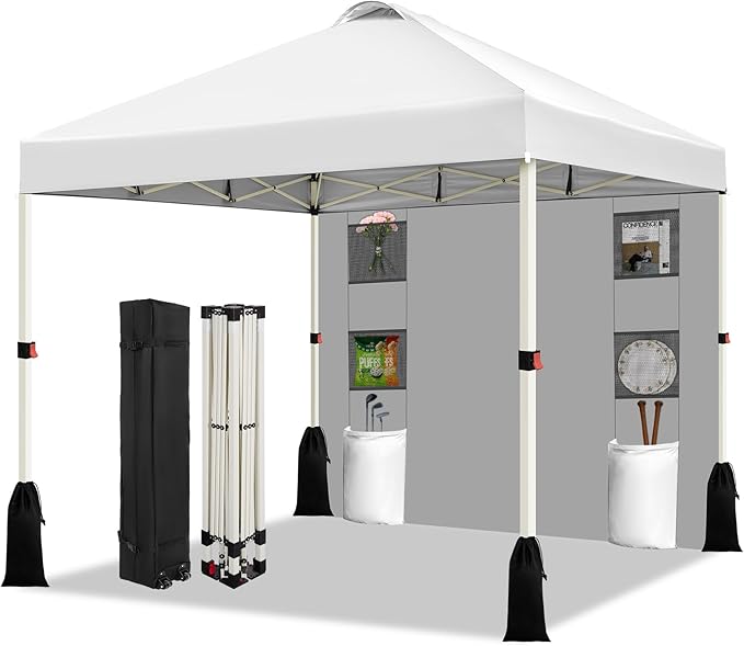 WEIZE 10x10 Pop Up Canopy Tent, 1-Button Push Setup Canopy Tent with 1 Sidewall, Adjustable Height Instant Portable Shelter, Portable Roller Bag,Easy Outdoor Sun Shade for Events,4 Weight Bags,White
