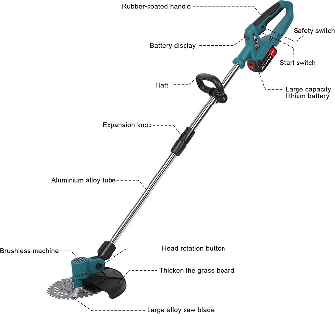 9 Inch Weed Eater, Electric Weed Mower Cordless Trimmer Retractable Home Weed Eater Cutter Battery Power Rechargeable Handheld Lawn Mower with Brushless Motor for Garden Lawn Care US