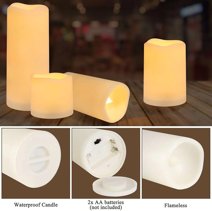 Enpornk Flameless Battery Operated Outdoor Waterproof Set of 12(D: 3" x H: 3" 4" 5" 6") Pillar LED Candles with 10-Key Remote and Cycling 24 Hours Timer