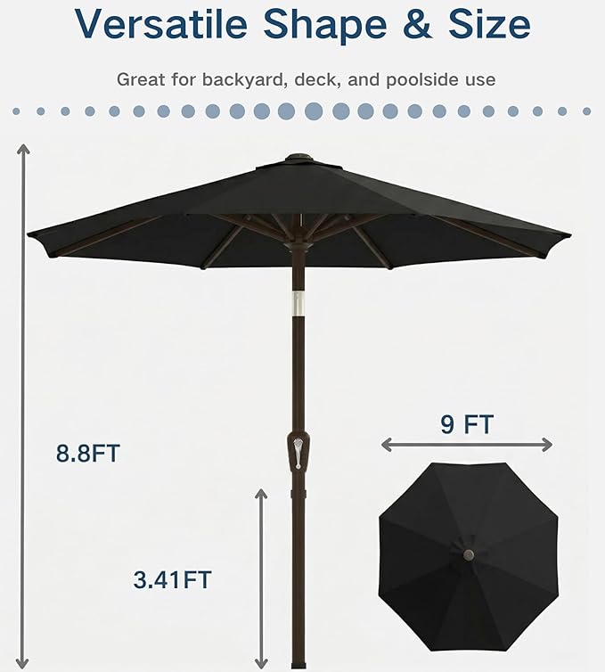 PatioKingdom Auto-Tilt 9FT Patio Umbrella Outdoor with 8 Sturdy Fiberglass Ribs,Market Table Umbrella for Pool,Backyard,Deck and Garden