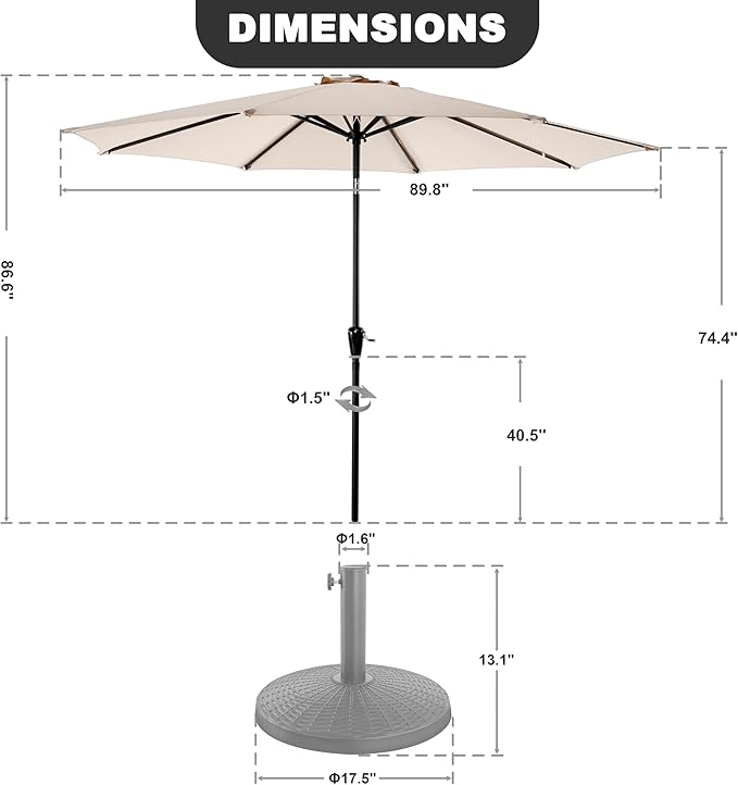 NUU GARDEN 7.5 FT Round Patio Umbrella, Outdoor Table Umbrella with Vent, 8 Sturdy Iron Ribs and Aluminum Pole, Market Umbrella with Push Button Tilt and Crank for Backyard, Poolside, Yard, Beige