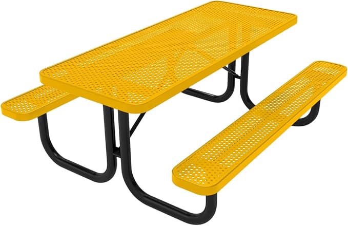 COATEDOUTDOORFURNITURE Heavy-Duty Portable Outdoor Picnic Table, Thermoplastic Coated Punched Steel Commercial-Grade Patio Dining Furniture Made in America (6ft Rectangular, Textured Yellow)