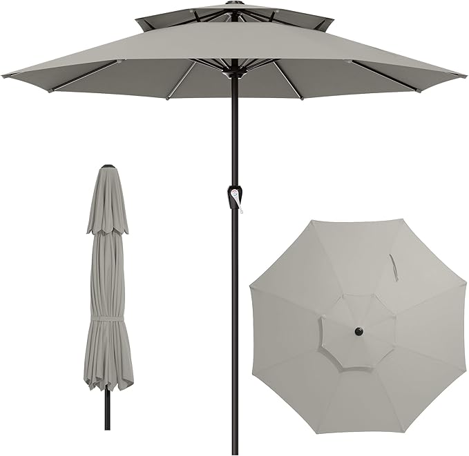 AreShark 12ft 2 Tiers Patio Umbrella - Outdoor Umbrella Waterproof UV Protection, Market Table Umbrella w/ 8 Sturdy Ribs&Crank for Pool, Porch, Garden(Light Gray)