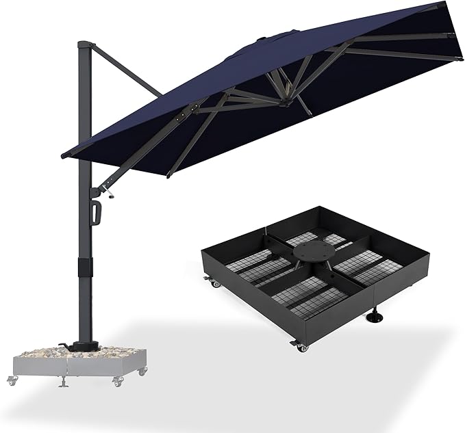 PURPLE LEAF 10 FT Square Patio Umbrella with Wheeled Base Large Outdoor Aluminum Offset Cantilever Umbrella with 360-degree Rotation for Garden Deck Backyard Pool Navy Blue