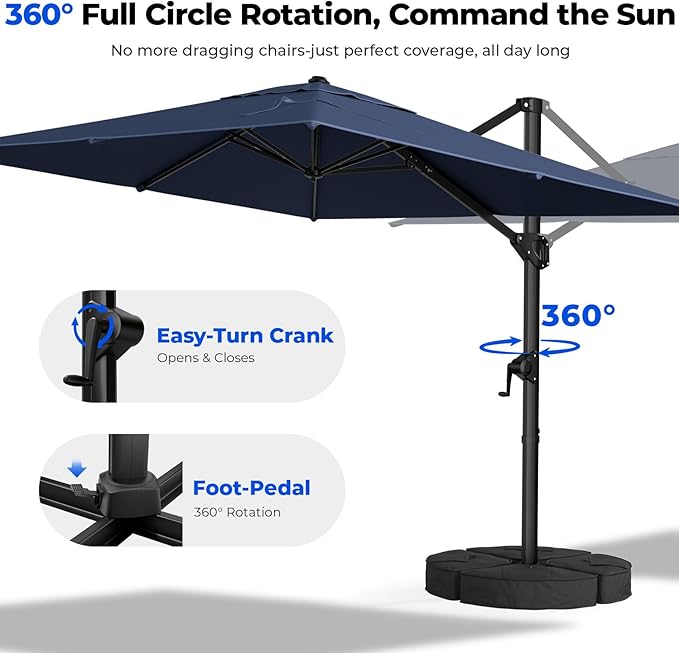 HOMSHADE 9x12FT Cantilever Patio Umbrella Outdoor with Base- Large Offset Heavy-Duty Aluminum Umbrella with 360° Rotation, 6 Tilts, Windproof, 3-Year Fade Resistance for Pool Deck, Navy Blue