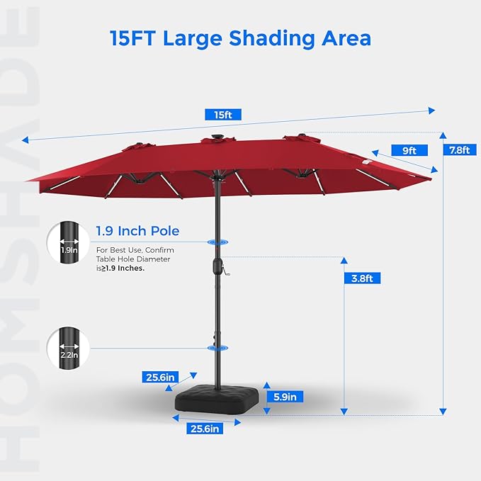 HOMSHADE 15FT Double Sided Umbrella with Light Bar and Base, Rectangle Oversized Patio Umbrellas, Extra Large Outdoor Table Umbrella for Pool, Patio, Garden (Burgundy Red)