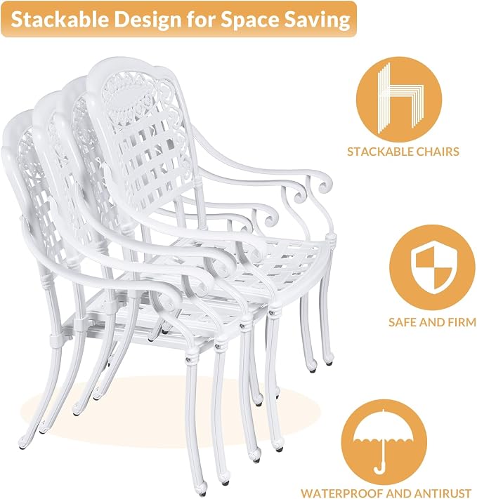 9-Piece Patio Dining Set, Outdoor Patio Table and Chair Set of 84” Oval Cast Aluminum Dining Table with Umbrella Hole and 8 Outdoor Dining Chairs, Patio Funiture Set, White
