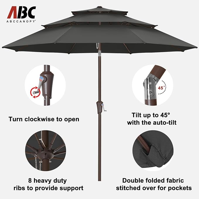 ABCCANOPY 9Ft 3 Tiers Market Umbrella, Outdoor Table Umbrella for Patio, Deck, Backyard (Dark Gray)