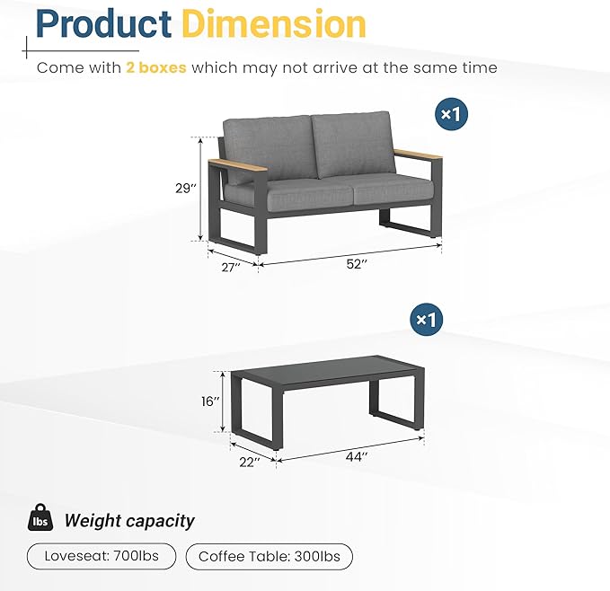 RoyalCraft Aluminum Outdoor Patio Furniture Set with Height-Adjustable Footrest, 2 Pieces All-Weather Patio Sofa Sets with Coffee Table for Porch Backyard Garden Patio, Grey