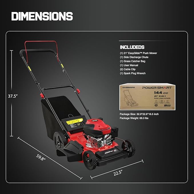 PowerSmart EasyGlide 21-inch 144cc Push Gas Lawn Mower, 3-in-1 Mulch/Bag/Side Discharge, Steel Deck, 6 Height Adjustment