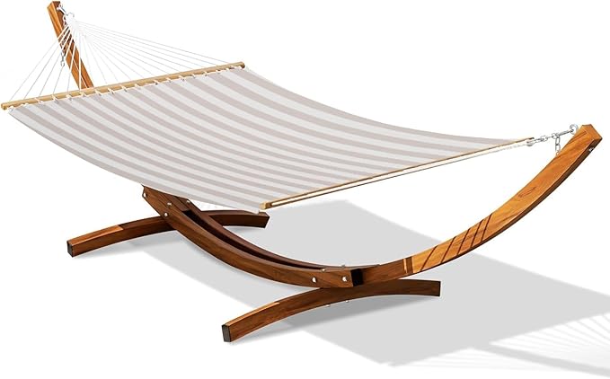 Lazy Daze Hammocks 12 FT 2 Person Double Quick Dry Textilene Hammock with Curved Steel Heavy Duty Stand for Outside, Backyard, Patio, 450 Lbs Capacity, Beige White Stripes