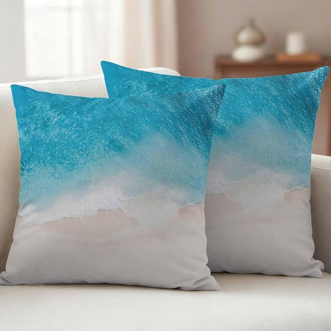 Pack of 2 Blue Beach Coastal Outdoor Pillow Covers Decorative, Ocean Seaside Waterproof Pillow Protector, Summer Nautical Throw Pillowcases Accent Cushion Cases for Patio Couch Sofa 16"x16"