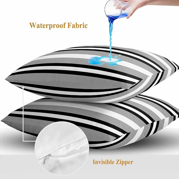 Throw Pillow Covers 16x16 Inch Set of 2, Black Gray Striped Waterproof Outdoor Pillow Covers, Contemporary Minimalist Lines Art Decorative Cushion Pillowcases for Couch, Sofa, Bed, Garden, Patio