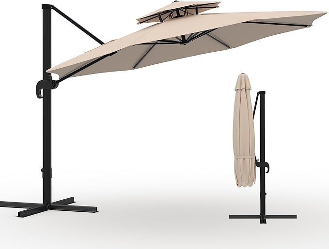 10x10 ft Round Outdoor Umbrella, Cantilever Patio Umbrella with 360° Rotation & Adjustable Height, Heavy Duty Aluminum Umbrella Outdoor Patio for Garden Poolside,Khaki (Base Not Included)