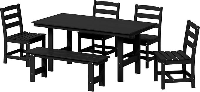 Costaelm Palms 6-Piece Outdoor HDPE Patio Dining Table Set with Bench, Black