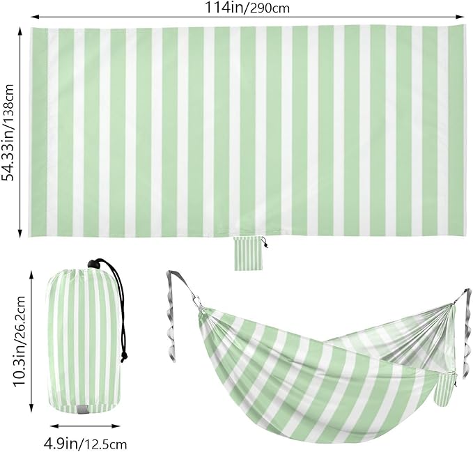 Green and White Stripes 330lb Capacity Hammocks for Camping with Tree Straps Backyard Hammock for Patio Backyard Lounge Base hamaca para adultos