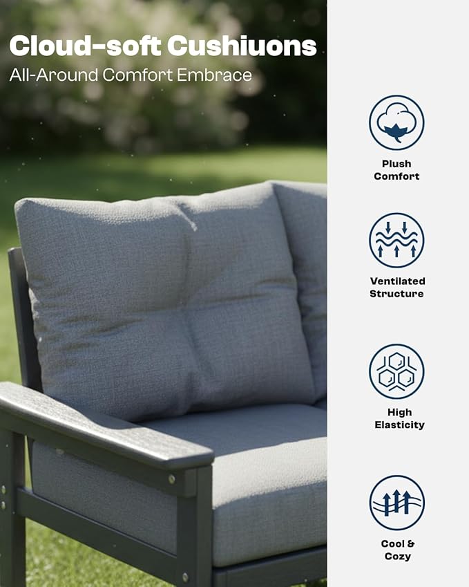 Grey HDPE Patio Sofa Set, 4-Piece Sectional Outdoor Patio Furniture Set, All Weather Outdoor Couch Set with Coffee Table & Washable Thick Cushions for Balcony, Porch, Poolside