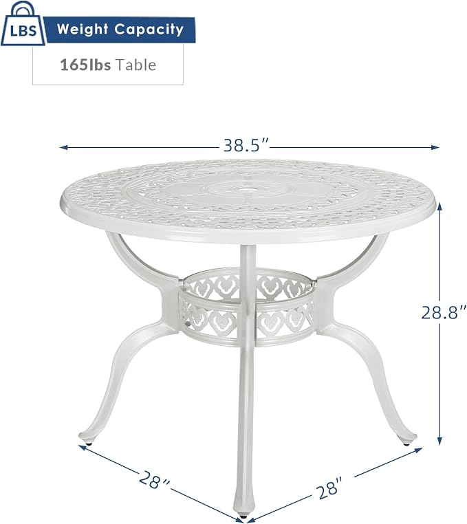38.5 Inch Outdoor Dining Table Round Patio Table Bronze Cast Aluminum Rustic Large Table with Umbrella Hole, White