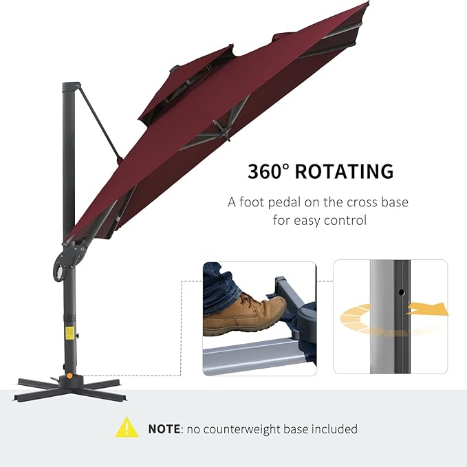Outsunny 10ft Offset Patio Umbrella, Hanging Cantilever Umbrella, Square Shape, Aluminum Cross Base, Tilt, 360-Degree Rotation
