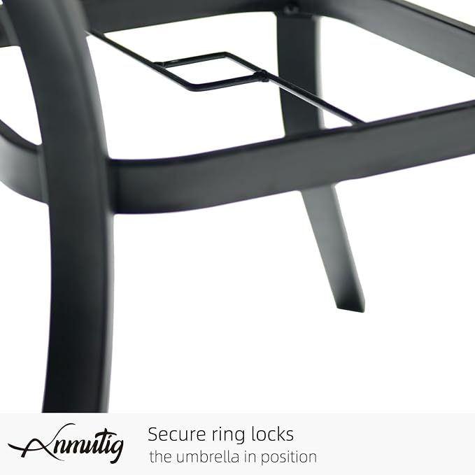 37 inch Square Glass Ourdoor Patio Table with Umbrella Hole for 4 Person | Glass Table Top, Metal Black Frame