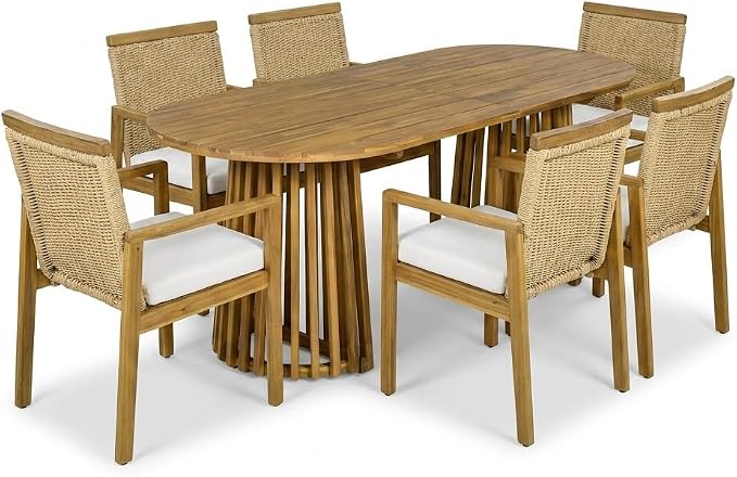 Christopher Knight Home Kora Acacia Wood Dining Table Set for 6, Outdoor Dining Set for 6, Rustic Oval Patio Dining Table and Chairs Set with PE Wicker Backrest & Soft Cushions, Teak+Natural+Beige