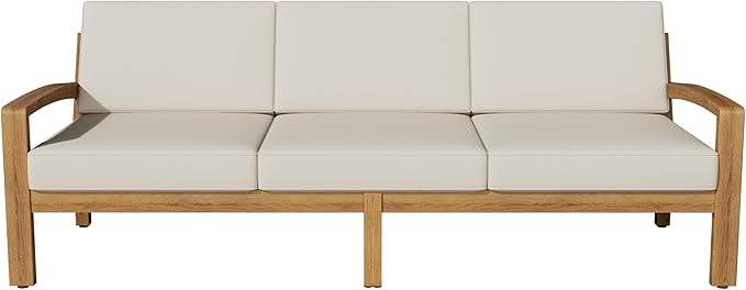 LUMISOL 3 Pieces Acacia Wood Patio Sectional Sofa with Coffee Table, L-Shaped Outdoor Furniture Set with Ottoman, Conversation Set Sectional Sofa with Cushions for Garden, Backyard, Poolside, Beige