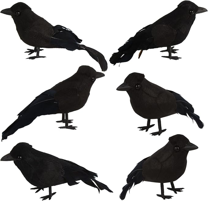 KIMOBER 6PCS Halloween Crows,Realistic Black Feathered Crows Ravens Birds for Halloween Party Indoor Outdoor Decorations