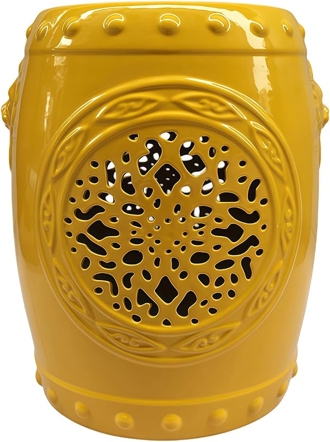 Decorative Ceramic Garden Stool, Hand-Crafted Outdoor Side Table, Shoe Changing Drum Stool for Patio, Living Room Accent Furniture(Yellow 2)