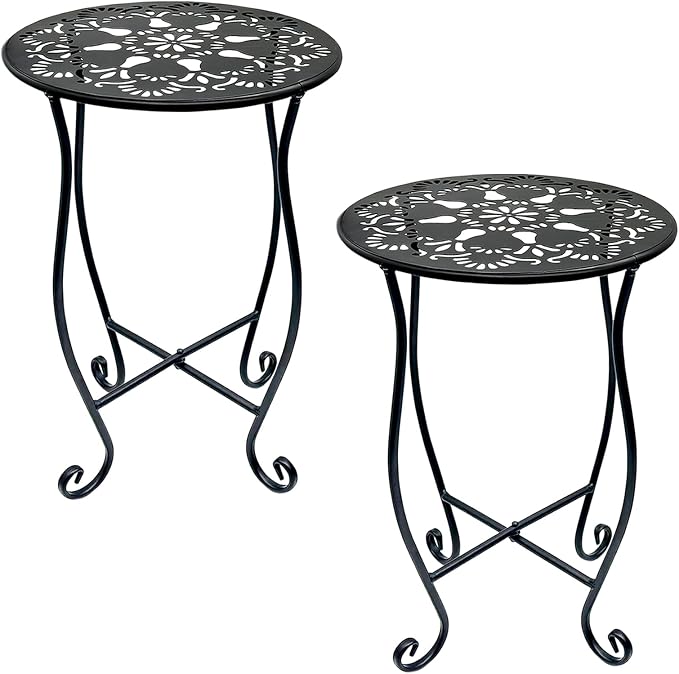 Arbuxzuy 2 Packs 17" Tall Round Metal Outdoor Side Tables for Patio, Decorative Black Flower Pot Stand, Rustproof Potted Holder, 120 lbs Load Capacity