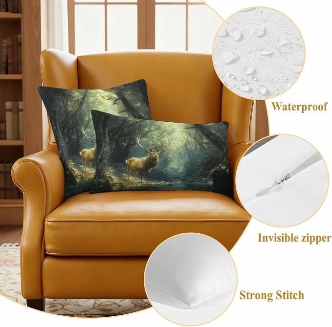 Green Forest Deer Waterproof Outdoor Pillow Covers Set of 2 Home Decor, Fantasy Vintage Nature Scenery Pillowcase Patio Pillow Covers for Couch Bench Furniture Garden 24x24in