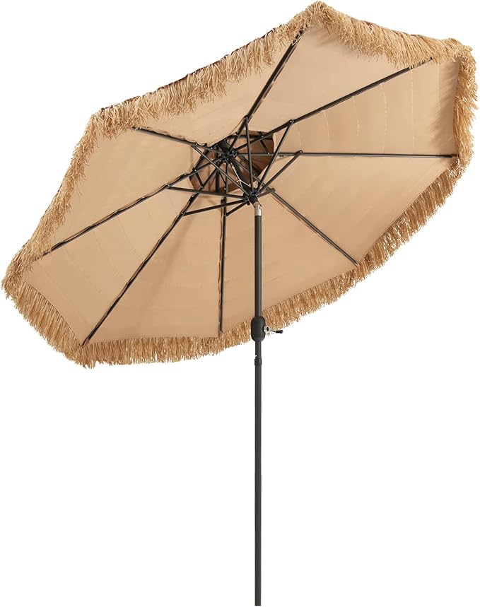 Tangkula 9 ft Thatched Patio Umbrella, 2 Tier Hawaiian Style PE Grass Beach Umbrella with 8 Ribs, Tilt Adjustment, Manual Crank, Tiki Umbrella for Backyard, Poolside, Deck