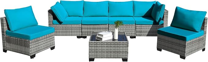 CANMOV 7 Pieces Patio Furniture Sets, All Weather Outdoor Patio Conversation Set, PE Wicker Rattan Sectional Sofa Couch Glass Coffee Table Washable Cushions for Backyard Garden, Porch, Peacock Blue