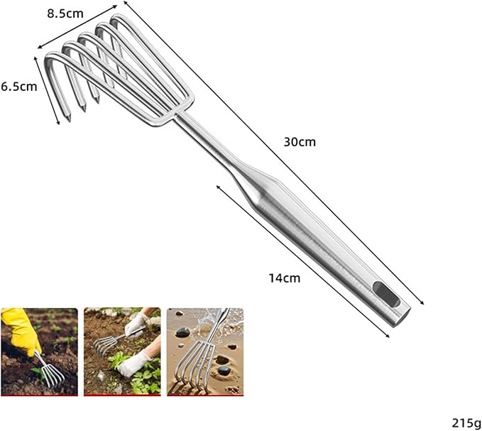 Hand Rake Stainless Steel Heavy Duty Garden Rake Weeding Tool Ergonomic Claw Rake Soil Tiller Portable Planting Rake Suitable for Flower Beds Yard Wor , 5 Tine