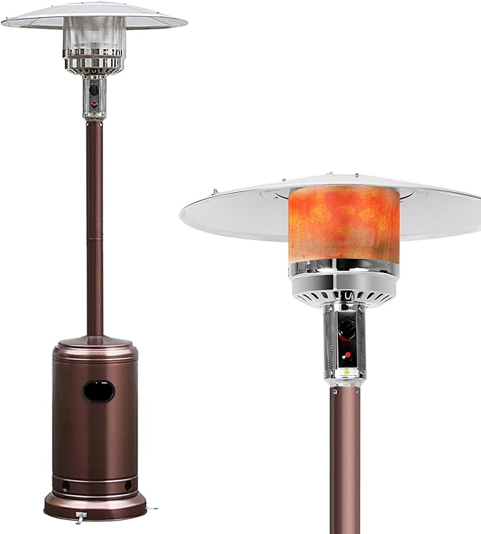 HAPPYGRILL Patio Heater, 48,000 BTU Outdoor Propane Heater with Wheels, Reflective Cover, Triple-Over Protection, Portable Stainless Steel Patio Heater for Outdoor Use Garden, Bronze