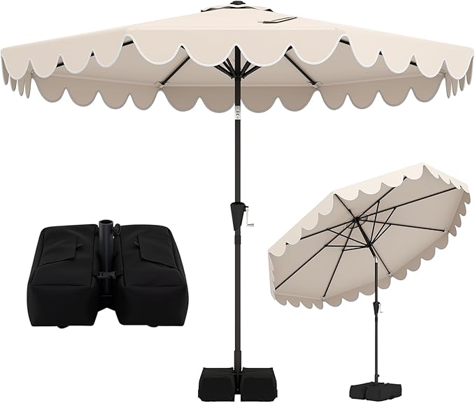 Tangkula 10 FT Patio Umbrella with Base Included, 2-Tiers Outdoor Scalloped Table Umbrella with 2 Sandbags, Tilt Adjustment, Crank, 8 Ribs for Market Backyard Pool Deck Beach Lawn