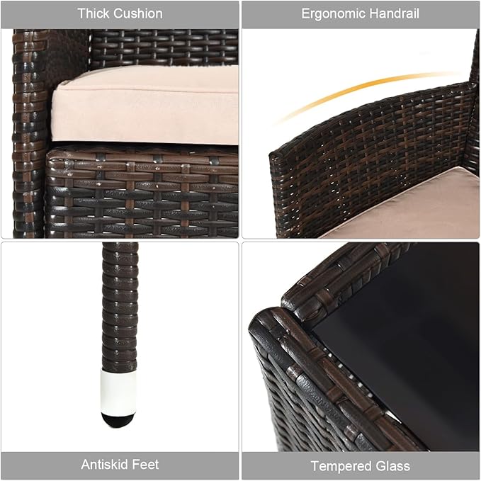 8 Pieces Patio Sofa Set, Wicker Conversation Set with Ergonomic Curved Backrest, Water-Resistant Cushion & Tempered Glass Table for Balcony, Porch (Brown)