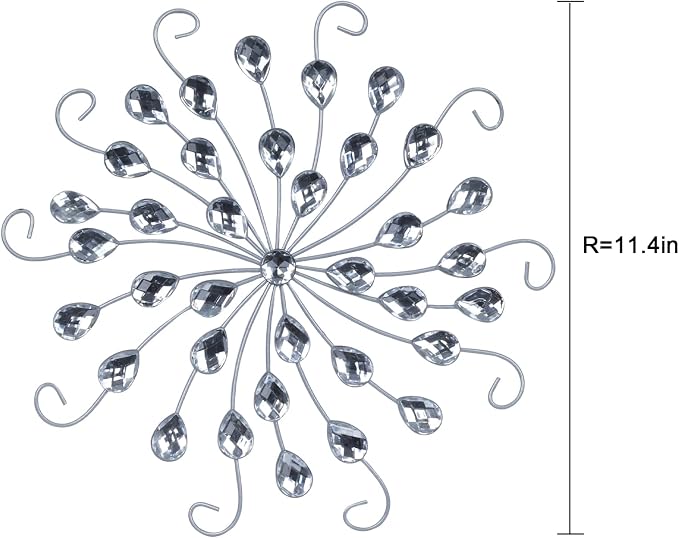hogardeck Metal Flower Wall Decor, 11" Silver Metal Jeweled Wall Art Bling Crystal Home Décor, Sun Star Burst Rhinestone Wall Hanging Diamond Accents for for Indoor, Outdoor, Living Room, Bedroom