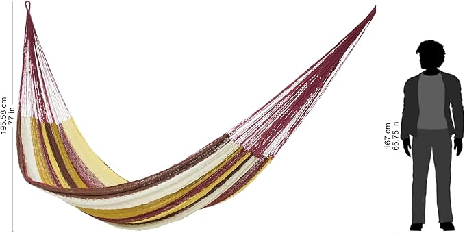 NOVICA Brown Burgundy White Yellow Striped Cotton Hand Woven Mayan Rope 2 Person XL Hammock, 'Loreto' (Double)