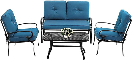 Outdoor Furniture Patio Conversation Set Loveseat, 2 Chairs, Coffee Table with Cushion, Lawn Front Porch Garden, Metal Chair Set Wrought Iron Look(Peacock Blue)