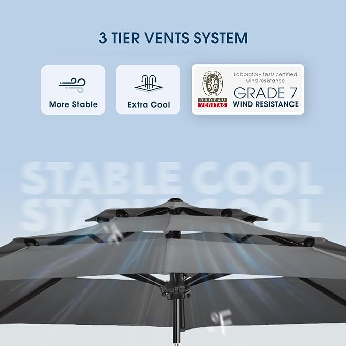 wikiwiki 10ft 3-Tier Patio Umbrella Outdoor Table Market Umbrella for Patio with Push Button Tilt/Crank, Fade Resistant Waterproof POLYESTER Canopy for Garden, Lawn, Deck, Backyard & Pool, Dark Gray