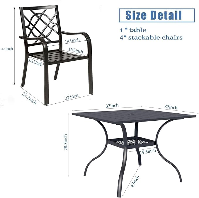 Oakcloud 5-Piece Patio Dining Set with Brown Umbrella, Outdoor Metal Furniture Dining Table Set, 4 Stackable Patio Dining Chairs and Square Dining Table with Umbrella Hole