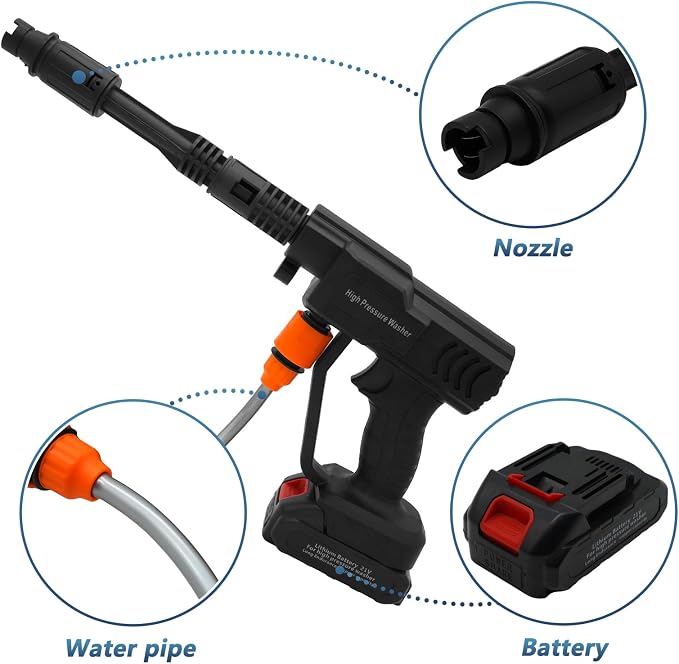 Cordless Pressure Washer, Battery Powered Pressure Washer with 5M Hose, Adjustable Spray Nozzle Portable Power Washer, Cordless Power Washer for Car/Garden/Floor, 2x1.5 Ah Battery