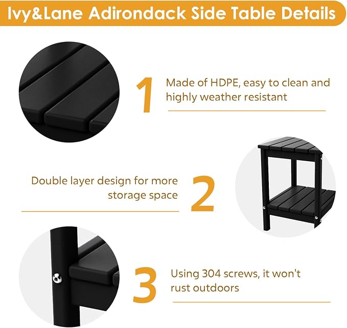 IVY&LANE Adirondack Outdoor Side Tables Set of 2 | HDPE Plastic | Patio End Table with Storage | 2-Shelf | Weather Resistant | Black | 14 x 13 Inches | for Outside Porch Backyard Indoor