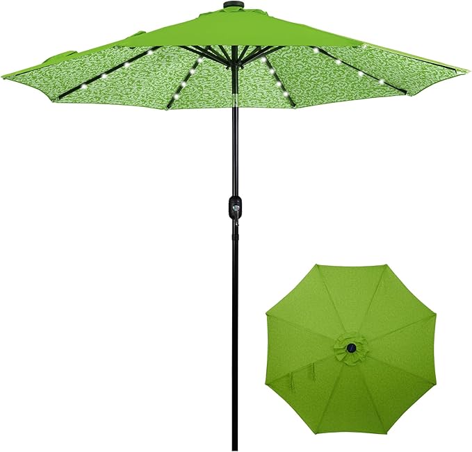 Backyard Expressions 9FT Solar Patio Umbrella with 32 LED Lights, UPF50+ UV Protection, Fade-Resistant Fabric, Easy Tilt & Crank, Outdoor Umbrella for Patio, Deck & Pool (Base Not Included)