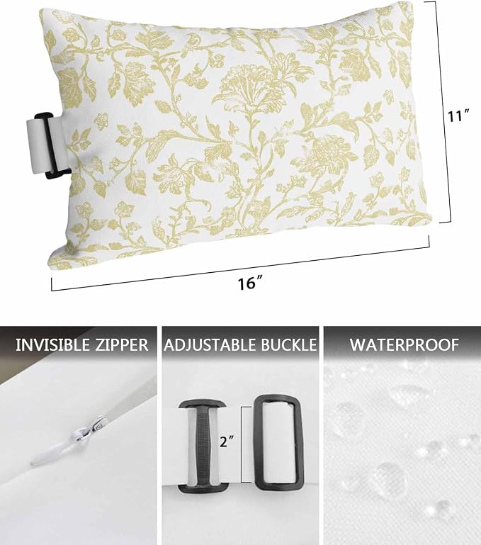 Pack of 2 Outdoor Lumbar Pillow Covers 11x16 Inch, Yellow Flower Waterproof Throw Pillow Covers Set, Vintage Farmhouse Boho Leaf Spring Plant Indoor&Outdoor Cushion Cases for Patio Porch Beach