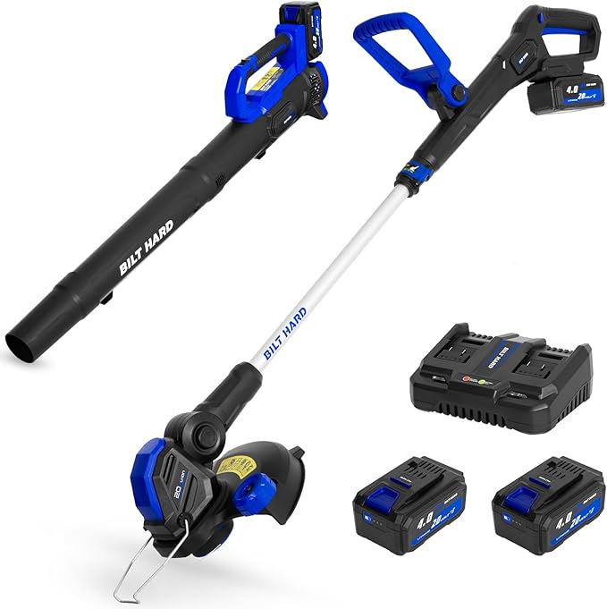 BILT HARD 20V Cordless Weed Wacker & Blower Combo with 2 x 4.0Ah Batteries and Dual Charger, 12'' Electric String Trimmer Edger and Leaf Blower Combo Set