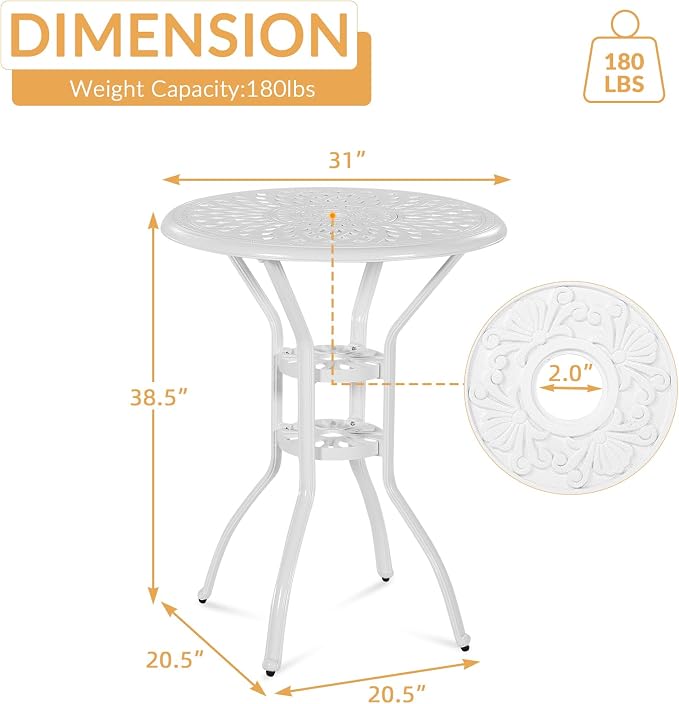 Cast Aluminum Patio Bar Table, 31" Outdoor Bar Height Bistro Table with 2" Umbrella Hole, Patio Bistro Round High Top Dining Table Pub Table for Porch Balcony Backyard, White